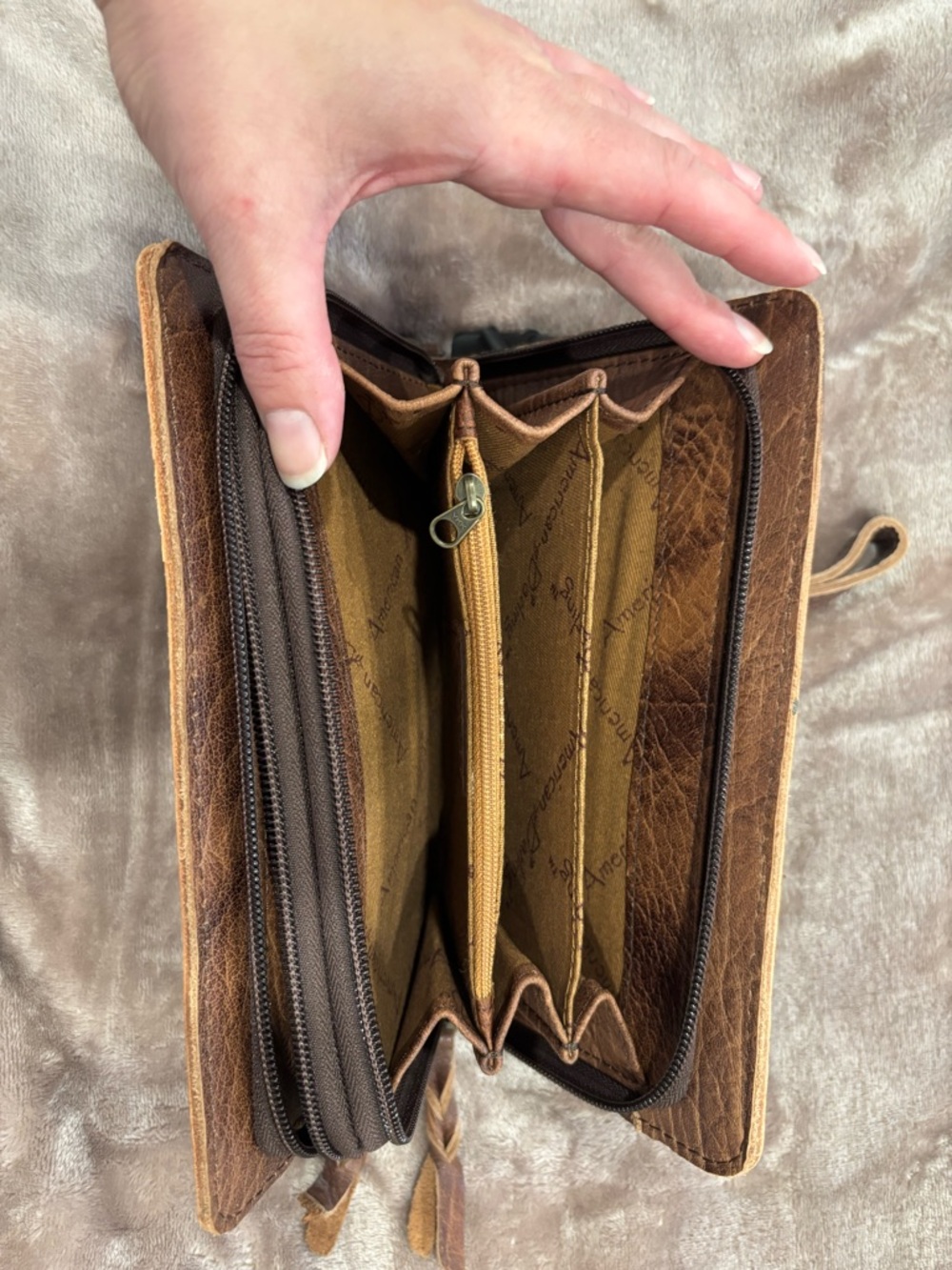 Hand-Tooled Brown Leather Clutch with Turquoise Inlay by - Picture 4 of 5
